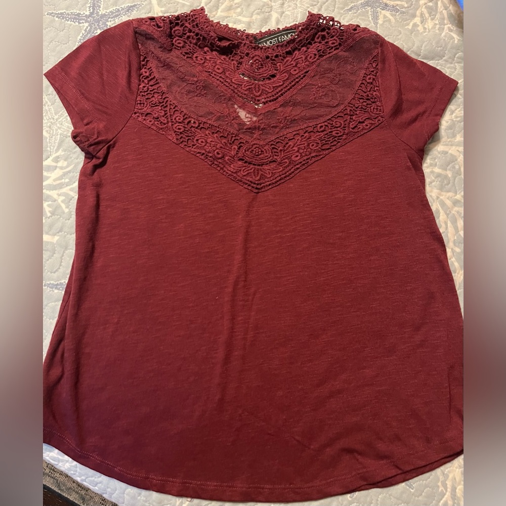 Burgundy tee with lace trim